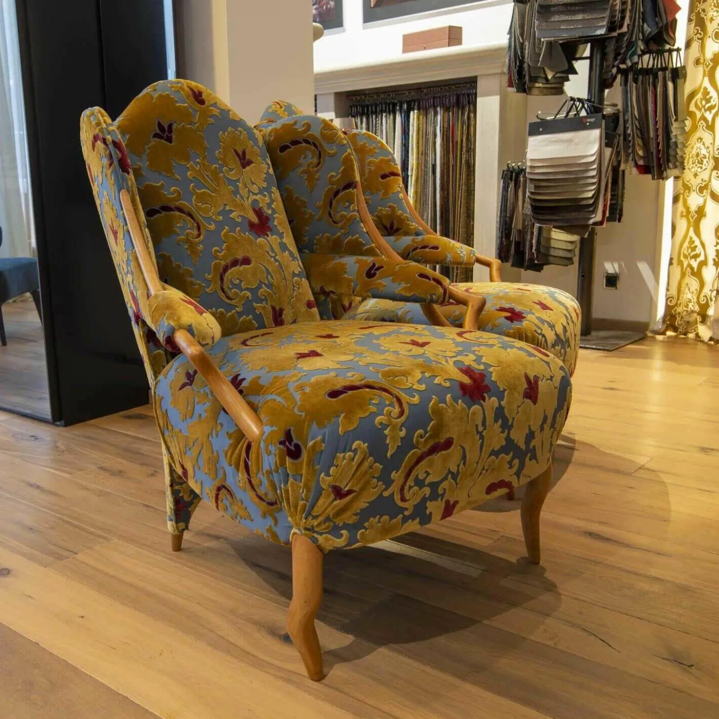 2er-Set Sessel Retrostoff Mehrfarbig Gelb Blau Rot mit Rosshaarfüllung