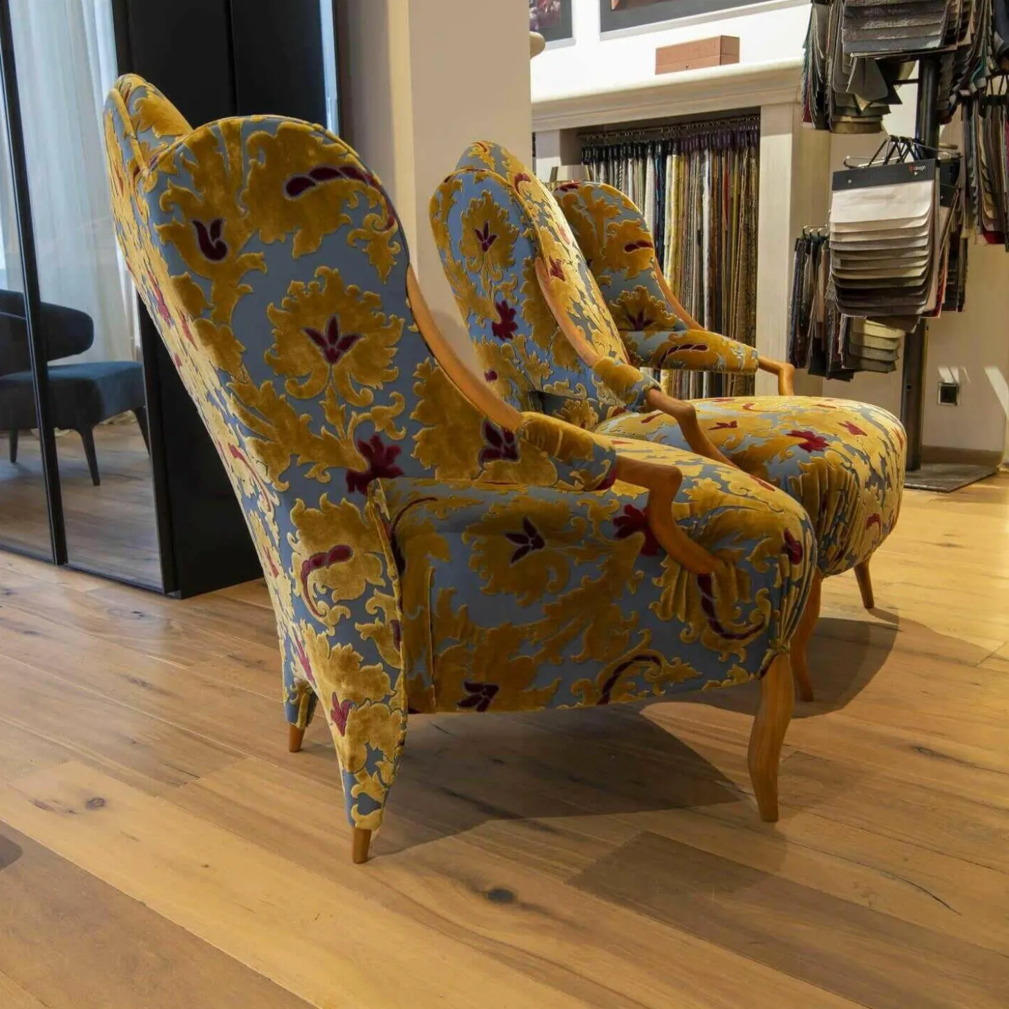 2er-Set Sessel Retrostoff Mehrfarbig Gelb Blau Rot mit Rosshaarfüllung