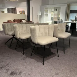 6er-Set Stühle Gaia Lehne Stoff Lisboa Weiß Sitzfläche Leder Grau Creme Rundrohr Schwarz