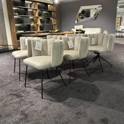 6er-Set Stühle Gaia Lehne Stoff Lisboa Weiß Sitzfläche Leder Grau Creme Rundrohr Schwarz