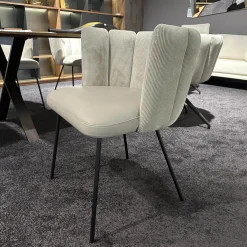 6er-Set Stühle Gaia Lehne Stoff Lisboa Weiß Sitzfläche Leder Grau Creme Rundrohr Schwarz