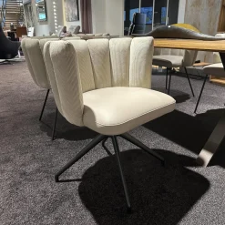 6er-Set Stühle Gaia Lehne Stoff Lisboa Weiß Sitzfläche Leder Grau Creme Rundrohr Schwarz