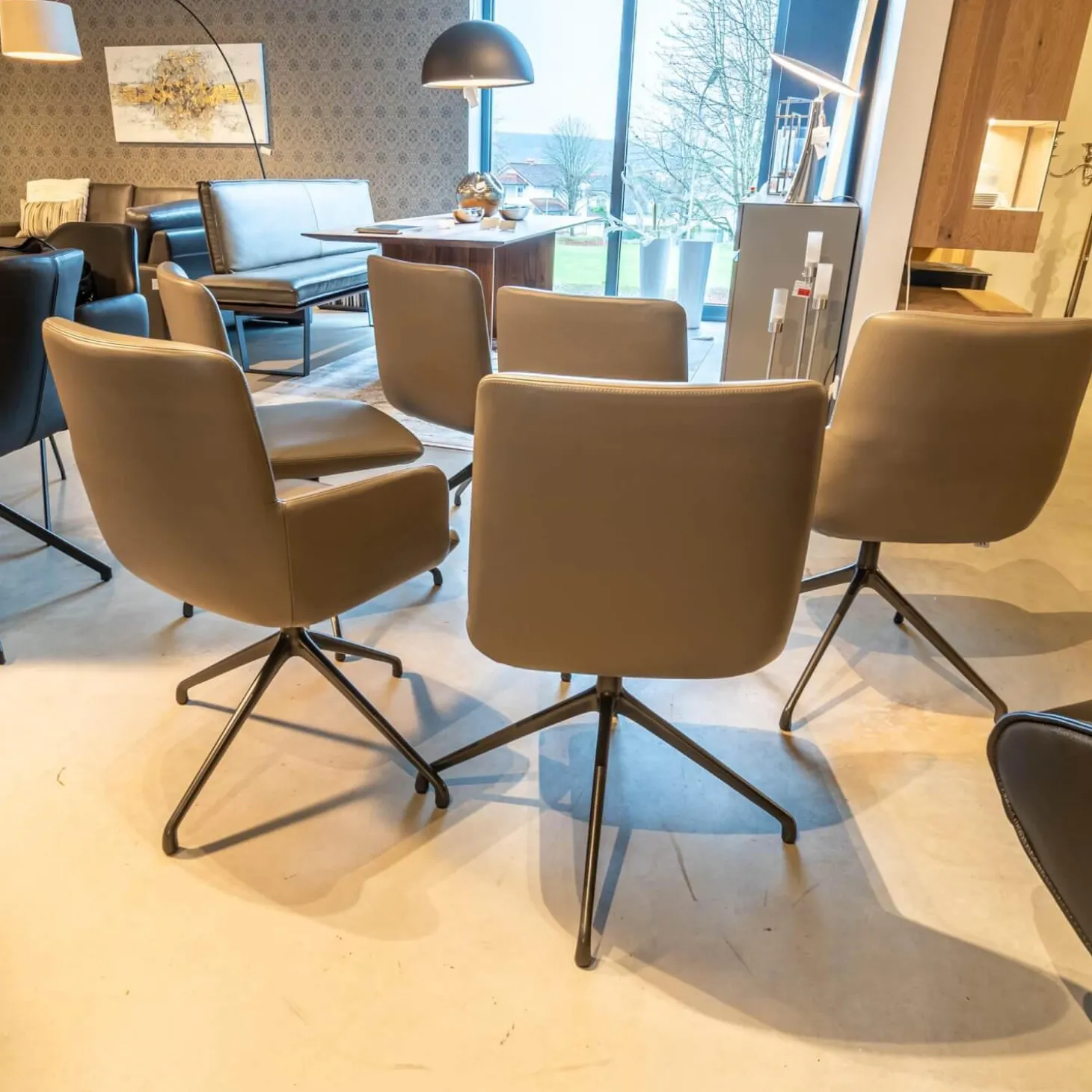 6er-Set Stühle Materia Soft Leder Cristal mit Drehgestell