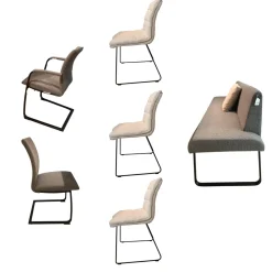 5er-Set Stühle Und Bank Swing Light Stoff Privileg 3 Und 4 Grau Beige Gestell Stahl Braun Brüniert