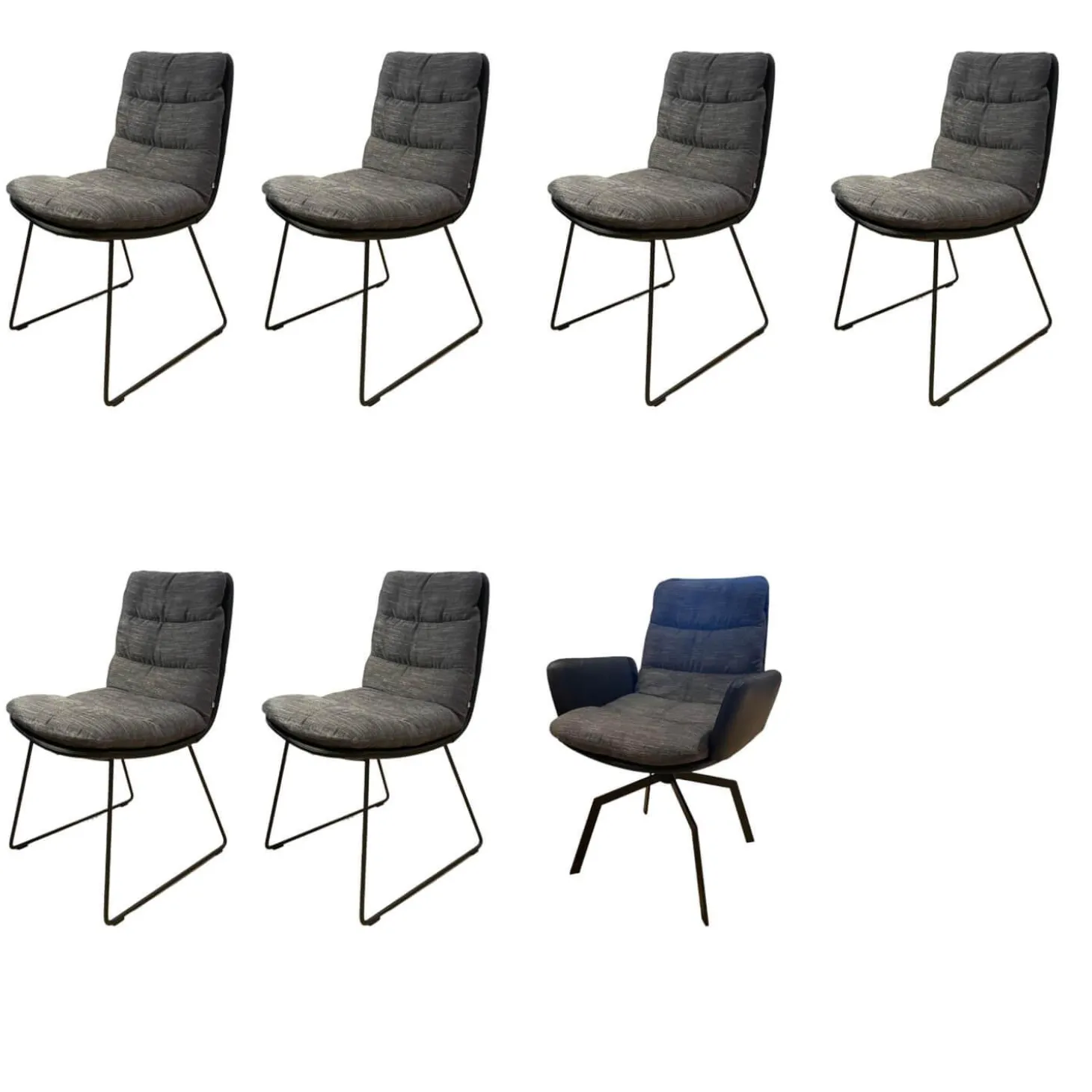 7er-Set Stuhl Arva Rücken Leder Milano Schwarz Sitz Stoff Danubio Dunkelgrau