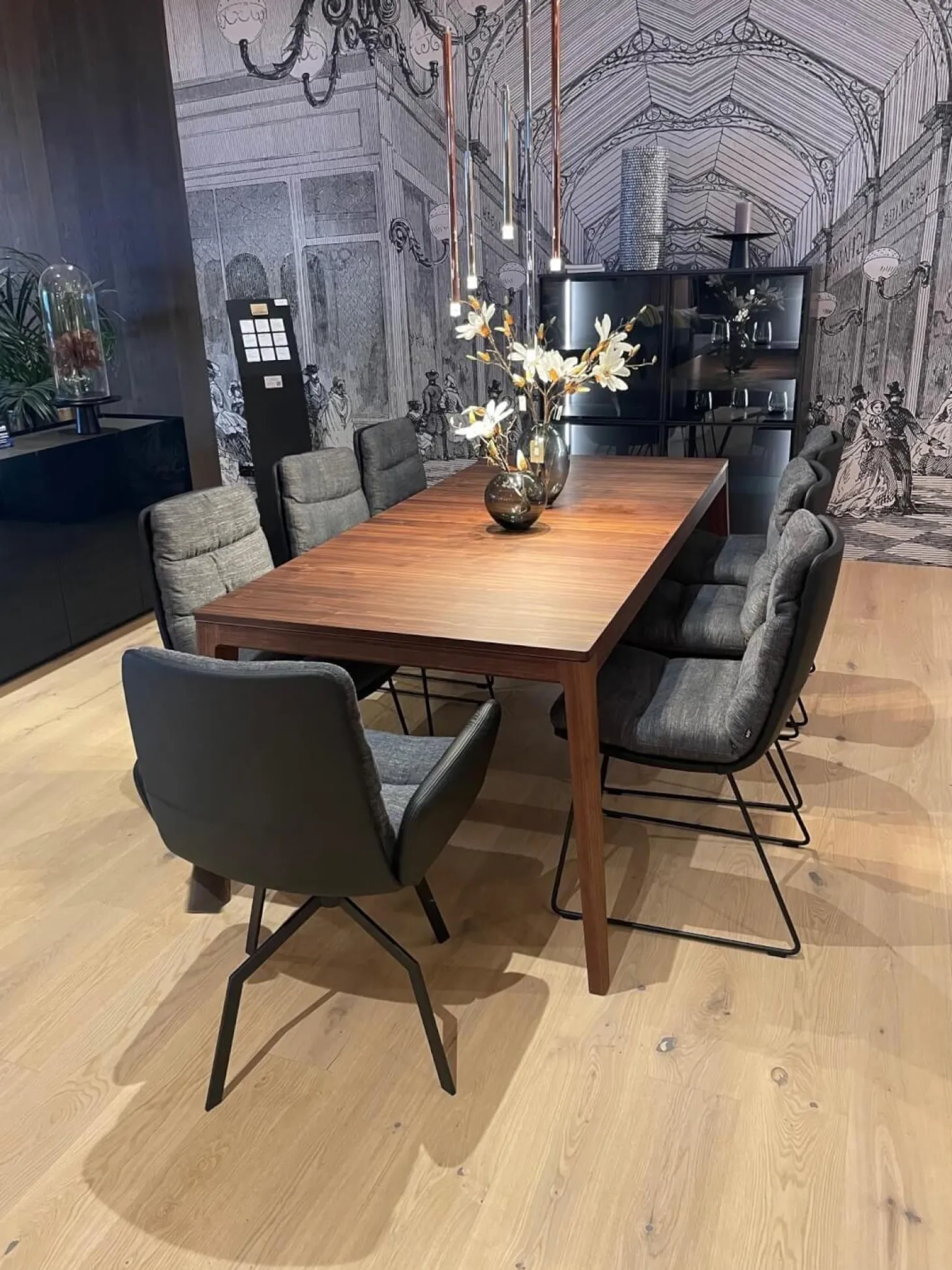 7er-Set Stuhl Arva Rücken Leder Milano Schwarz Sitz Stoff Danubio Dunkelgrau