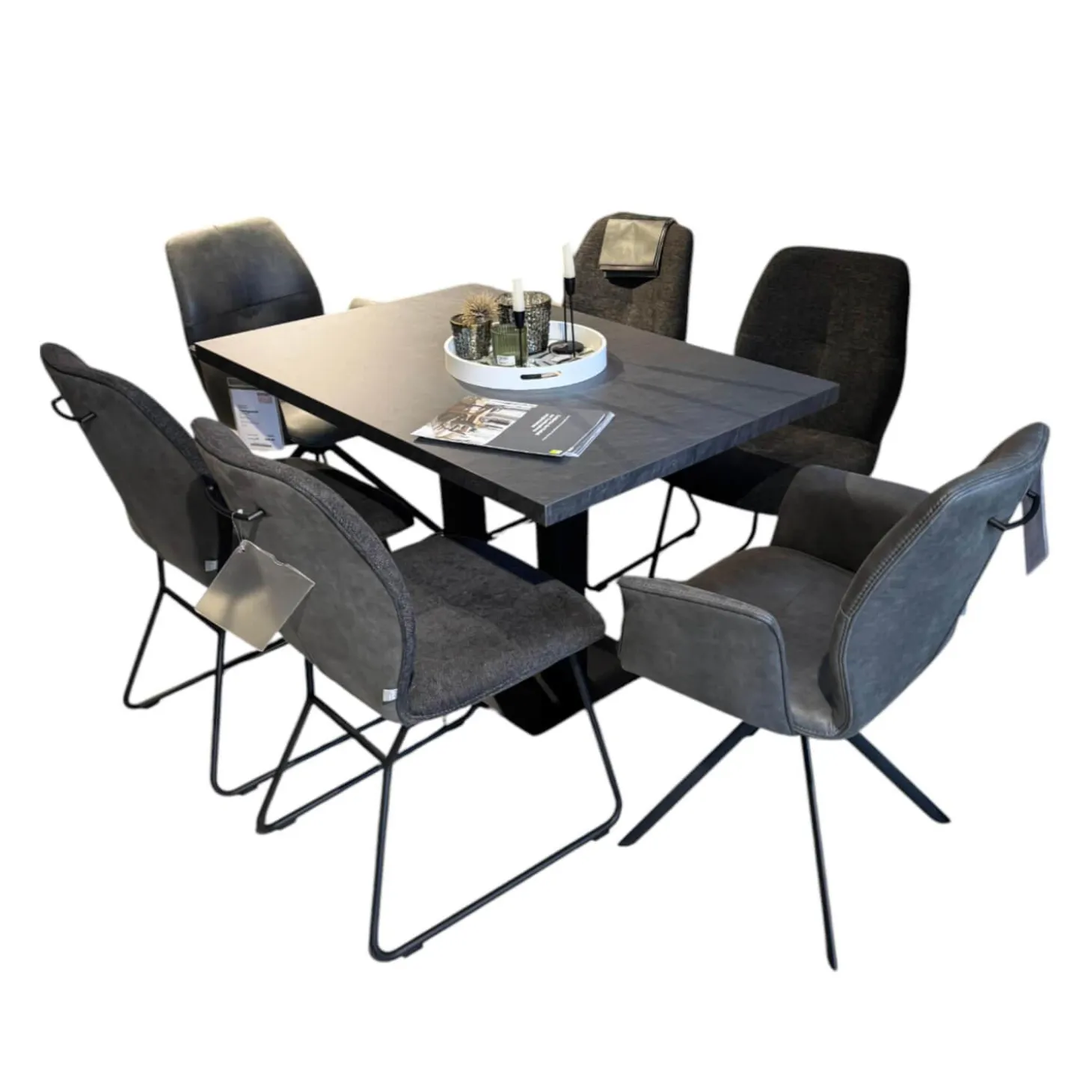 6er-Set Stuhl Dinner Stoff Microfaser Ledo Grau Gestell 1x Stativ Drehbar Metall Schwarz 1x Stativ Fest Metall Schwarz Und 4x Kufen Eisen Schwarz