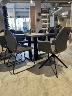 6er-Set Stuhl Dinner Stoff Microfaser Ledo Grau Gestell 1x Stativ Drehbar Metall Schwarz 1x Stativ Fest Metall Schwarz Und 4x Kufen Eisen Schwarz