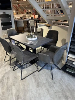 6er-Set Stuhl Dinner Stoff Microfaser Ledo Grau Gestell 1x Stativ Drehbar Metall Schwarz 1x Stativ Fest Metall Schwarz Und 4x Kufen Eisen Schwarz