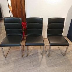 3er-Set Stuhl Lynn Bezug Leder Donna Schwarz Gestell Edelstahl Gebürstet