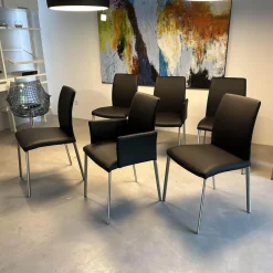 6er-Set Stuhl Oscar Leder Nature Smog Toledo Nero Schwarz Ovalruhr Fuß Edelstahl Matt