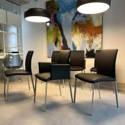 6er-Set Stuhl Oscar Leder Nature Smog Toledo Nero Schwarz Ovalruhr Fuß Edelstahl Matt