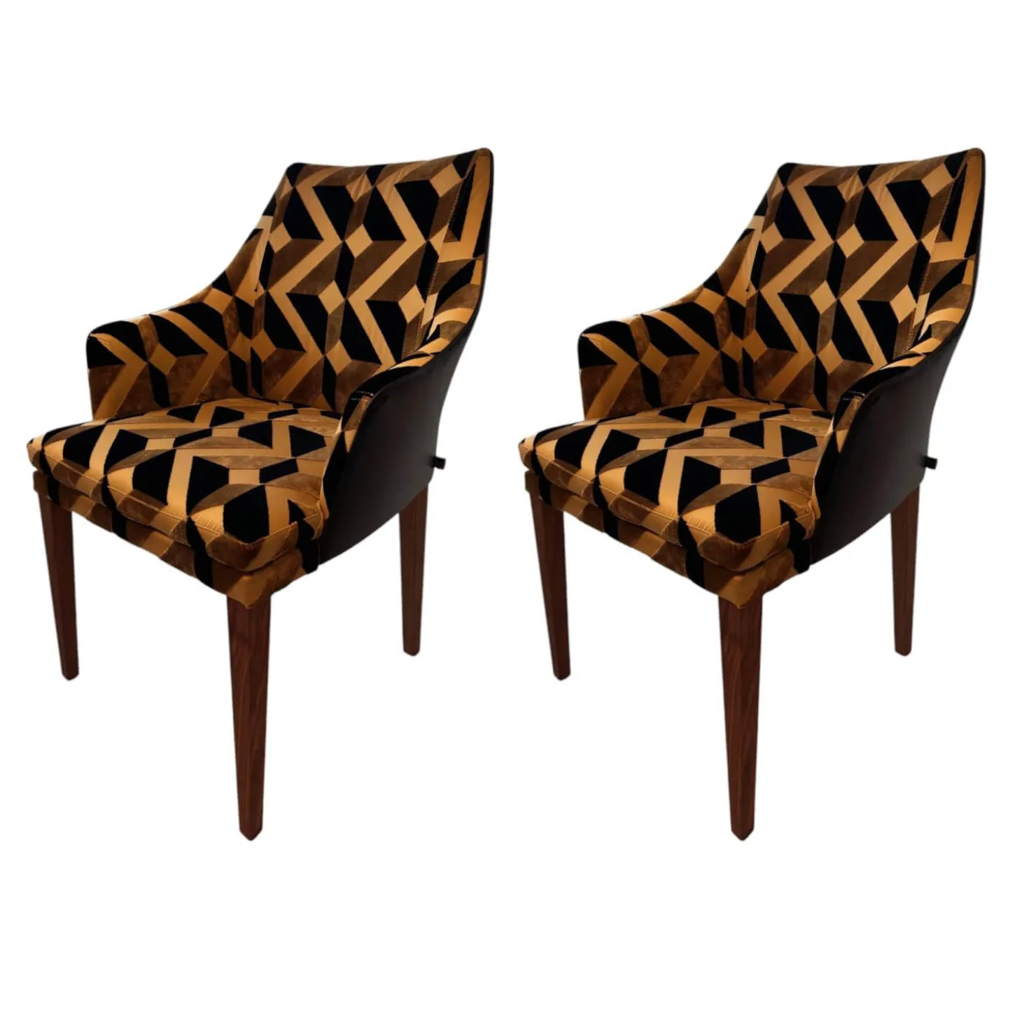 2er-Set Stuhl Saloni Stoff Jim Thompson Syncopation Topaz Schwarz Gold Rücken Leder Provonce Schwarz Fuß Nussbaum Geölt