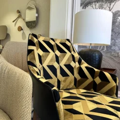 2er-Set Stuhl Saloni Stoff Jim Thompson Syncopation Topaz Schwarz Gold Rücken Leder Provonce Schwarz Fuß Nussbaum Geölt