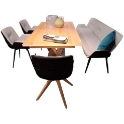 4er-Set Stuhl Vgalvino Außen Leder Schwarz Innen Loden Grauweiß mit Bank