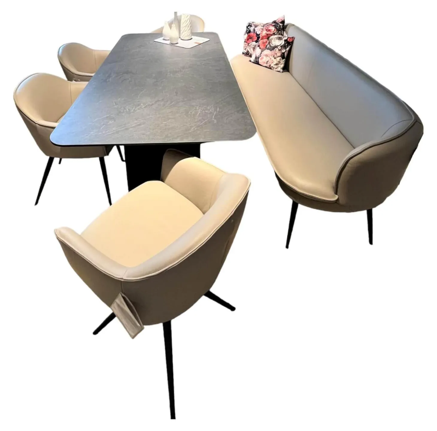 Essgruppe Calvia Bezug Leder Bronco 85 Light Grey Grau Gestell Metall Schwarz Strukturiert Ohne Tisch