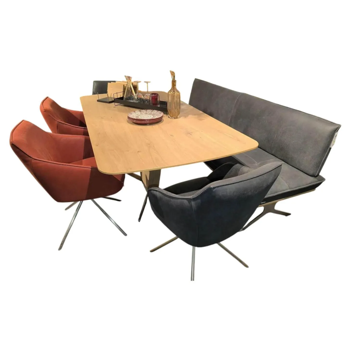 Essgruppe Dining System Leder A India Omega Grau Und Leder A India Chili Rot Tisch Wildeiche Bianco Furniert Fuß Metall