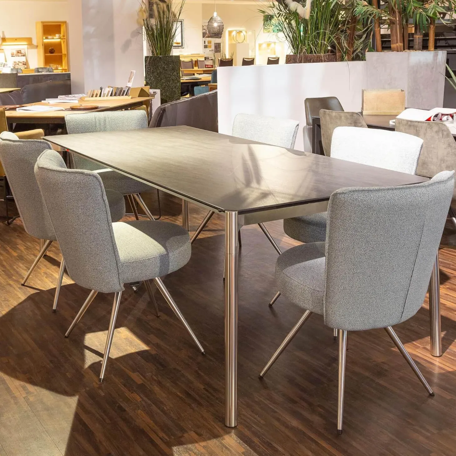 Essgruppe Esstisch Mio LS 010417 Platte Keramik Basalto Grau Gestell Edellstahloptik Mit 6 Stühlen Leva Bezug Soff Alicante Türkis