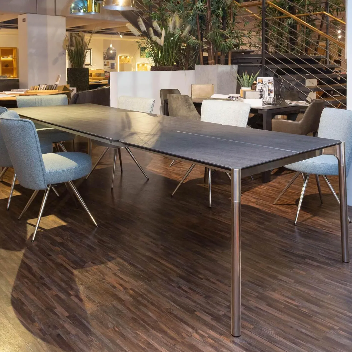 Essgruppe Esstisch Mio LS 010417 Platte Keramik Basalto Grau Gestell Edellstahloptik Mit 6 Stühlen Leva Bezug Soff Alicante Türkis