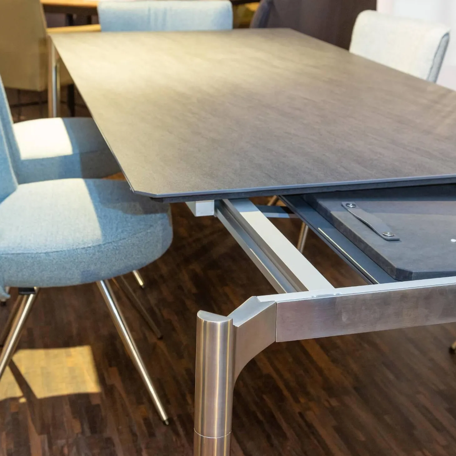 Essgruppe Esstisch Mio LS 010417 Platte Keramik Basalto Grau Gestell Edellstahloptik Mit 6 Stühlen Leva Bezug Soff Alicante Türkis