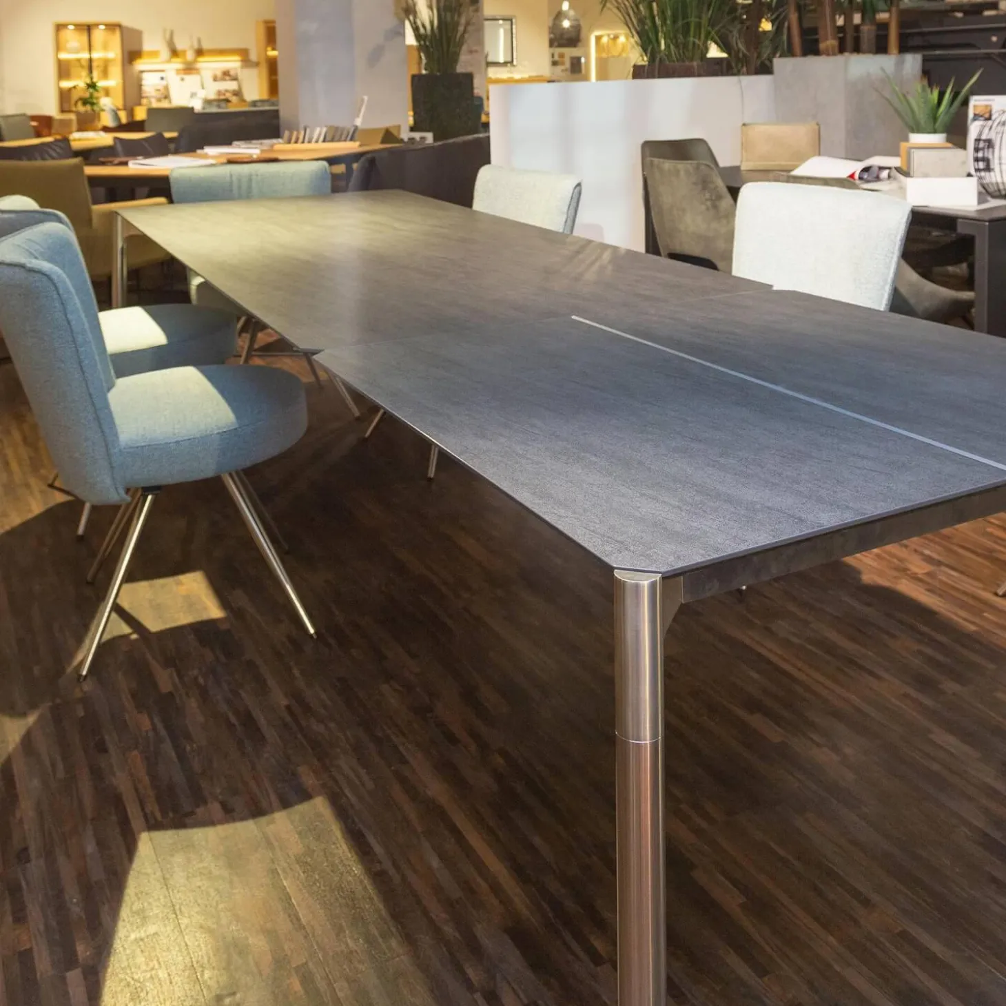 Essgruppe Esstisch Mio LS 010417 Platte Keramik Basalto Grau Gestell Edellstahloptik Mit 6 Stühlen Leva Bezug Soff Alicante Türkis