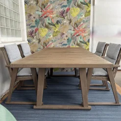 Essgruppe Gio Outdoor Teak Antique Grey Stühle Bezug Stoff Ecate Blau Weiß