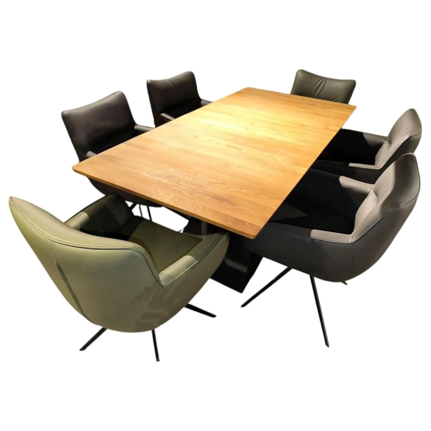 Essgruppe Paritta Limone 2 Stühle Leder Anthrazit Und Olive Grün Tisch Balkeneiche Massiv Gestell Metall Schwarz