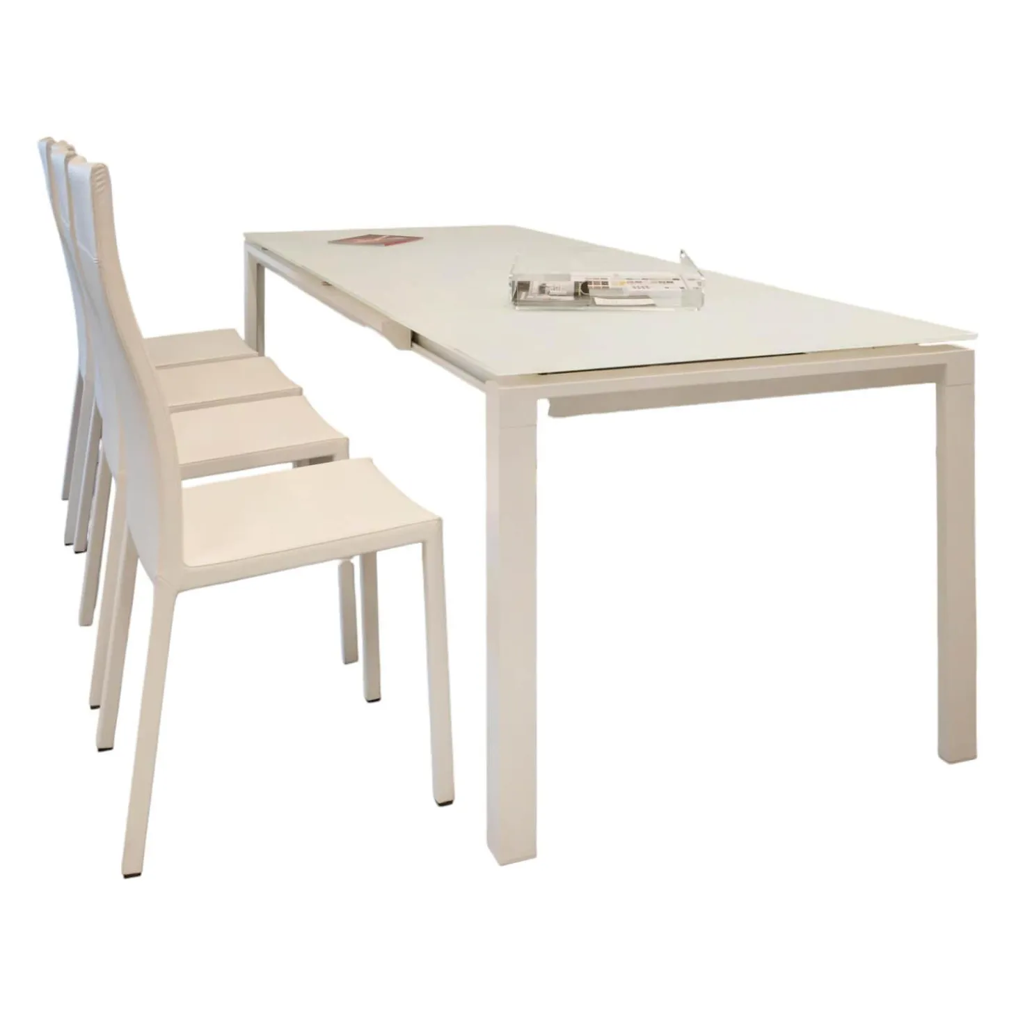 Essgruppe Tisch Chat Lack Weiß Glas Weiß Ausziehbar mit 4 Stühlen Weiß