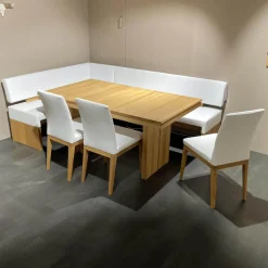 Essgruppe Vicenza Bank 3 Stühle Leder Weiß Tisch Eiche Massiv Geölt