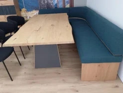 Essgruppe Vtektura Living Tisch Wildeiche Rustiko Schwarz Bank Und Stühle Stoff Select Mineralblau Und Schwarz Gestell Metall