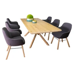 Essgruppe Z42 Kreuztisch Rustikale Asteiche Hartwachsöl Bianco Äste Kreuzgstell Holz Metall RAL7021 Schwarzgrau Mit 6 ZS110 Stühlen