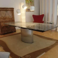 Esstisch Adler 1224 Platte Granit Silver Wave Bootsförmig Poliert Ovalsockel Edelstahl Matt Geschliffen