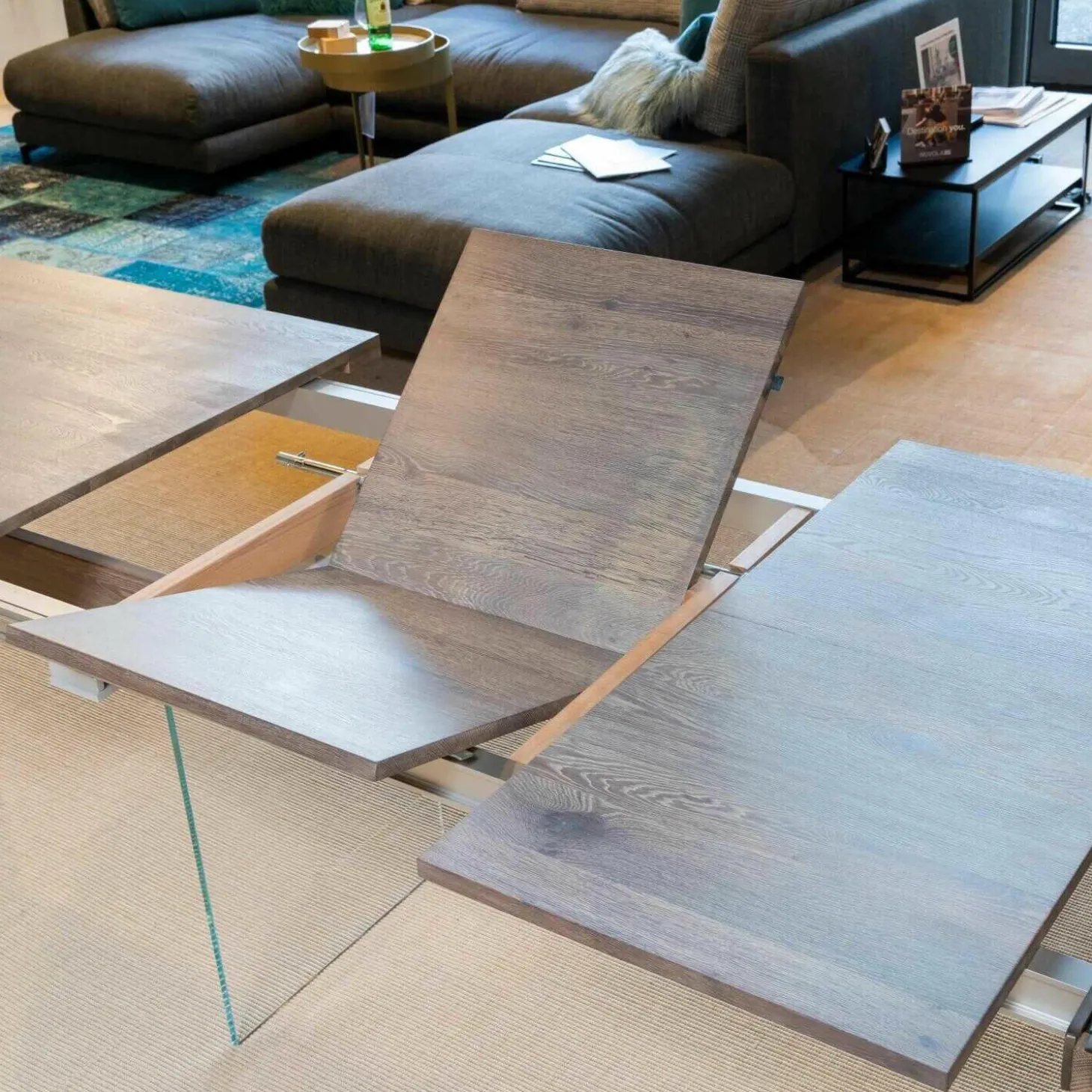 Esstisch Contur Eiche Astig Gebürstet Geräuchert Und Weiß Geölt Mit Glaswangen Optiwhite Mit Auszug