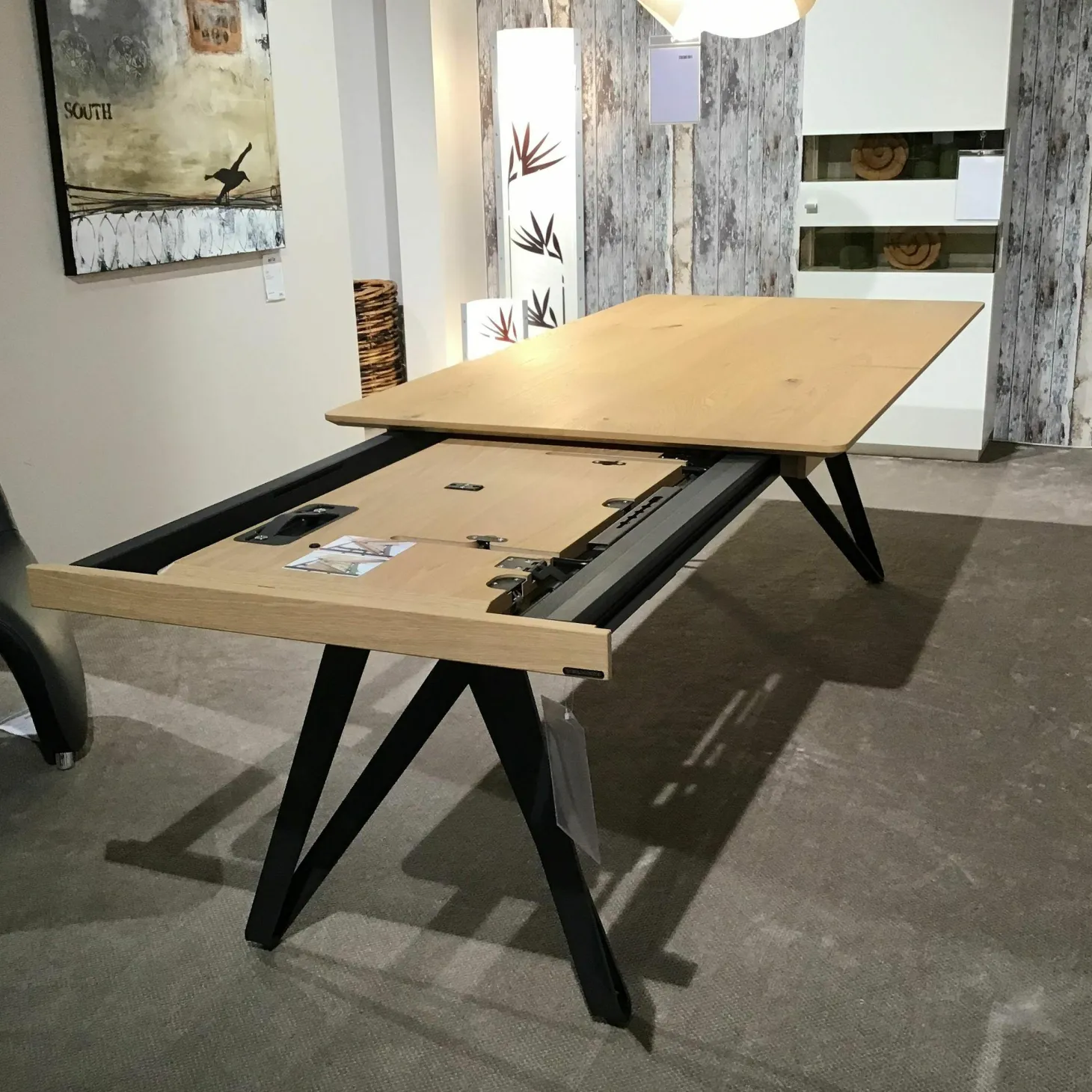 Esstisch ET116 Ron Wildeiche Hell Soft Gebürstet Gestell Anthrazit mit Klappeinlage