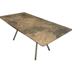 Esstisch Freiform Tischplatte Keramik Marmor Dunkel Gestell Edelstahl Matt