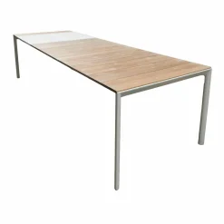 Esstisch Maki Slatted Platte Holz Teak Mit Einlegeplatten Aluminium Lackiert Weiß Gestell Aluminium Lackiert Weiß