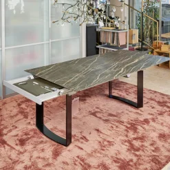 Esstisch Mirado 6171 Platte Keramik Rock Braun Gold Untergestell Kufe Lack Tiefschwarz Mit Klappeinlage