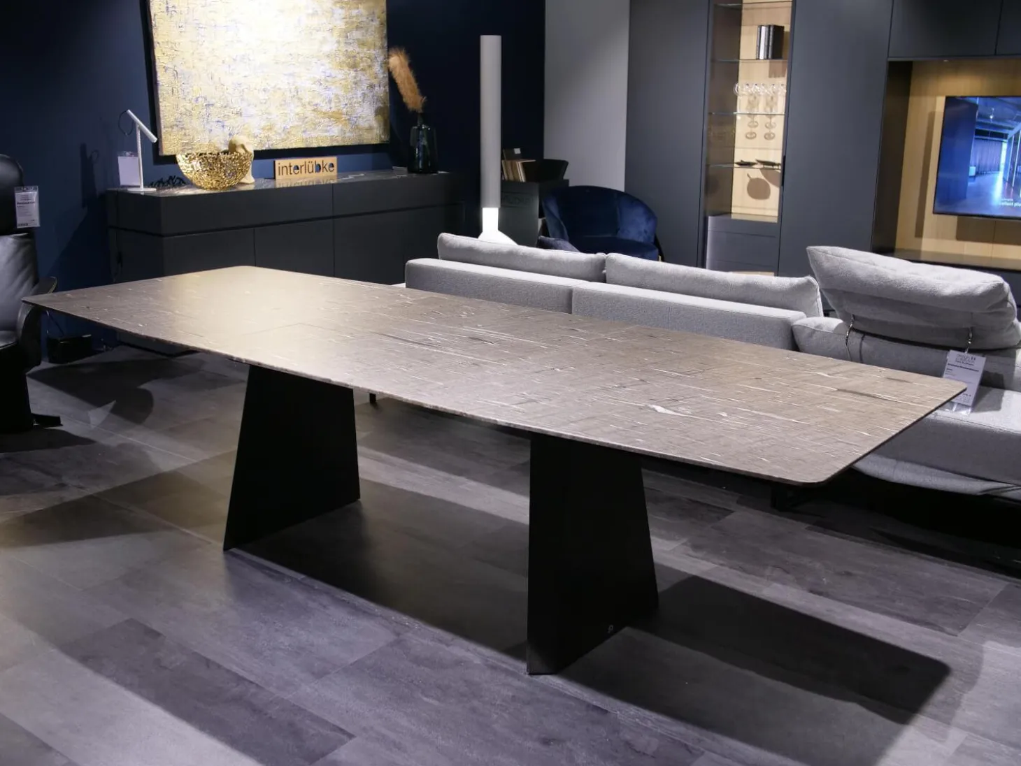 Esstisch Platte Stein Brown Silk Trapezförmig Geledert Kante 6 Ausziehbar