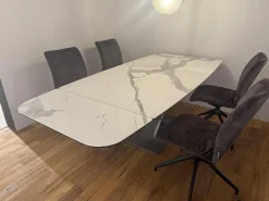 Esstisch Savona Tischplatte Keramik Marble Statuario Matt Weiß Grau Gestell Metall Quarzo 7039 Grau Pulverbeschichtet Ausziehbar