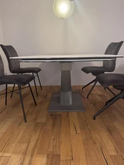 Esstisch Savona Tischplatte Keramik Marble Statuario Matt Weiß Grau Gestell Metall Quarzo 7039 Grau Pulverbeschichtet Ausziehbar