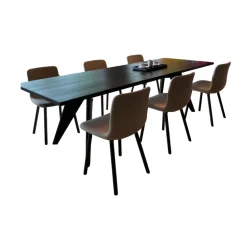 Esstischgruppe Mit Tisch S.A.M. Bois Tischplatte Eiche Massivholz Dunkel Gebeitzt Und 6 Stühlen HAL Soft Wood Stoff Dumet Farbe Beige Melange Gestell Eiche Massivholz Dunkel Gebeitzt