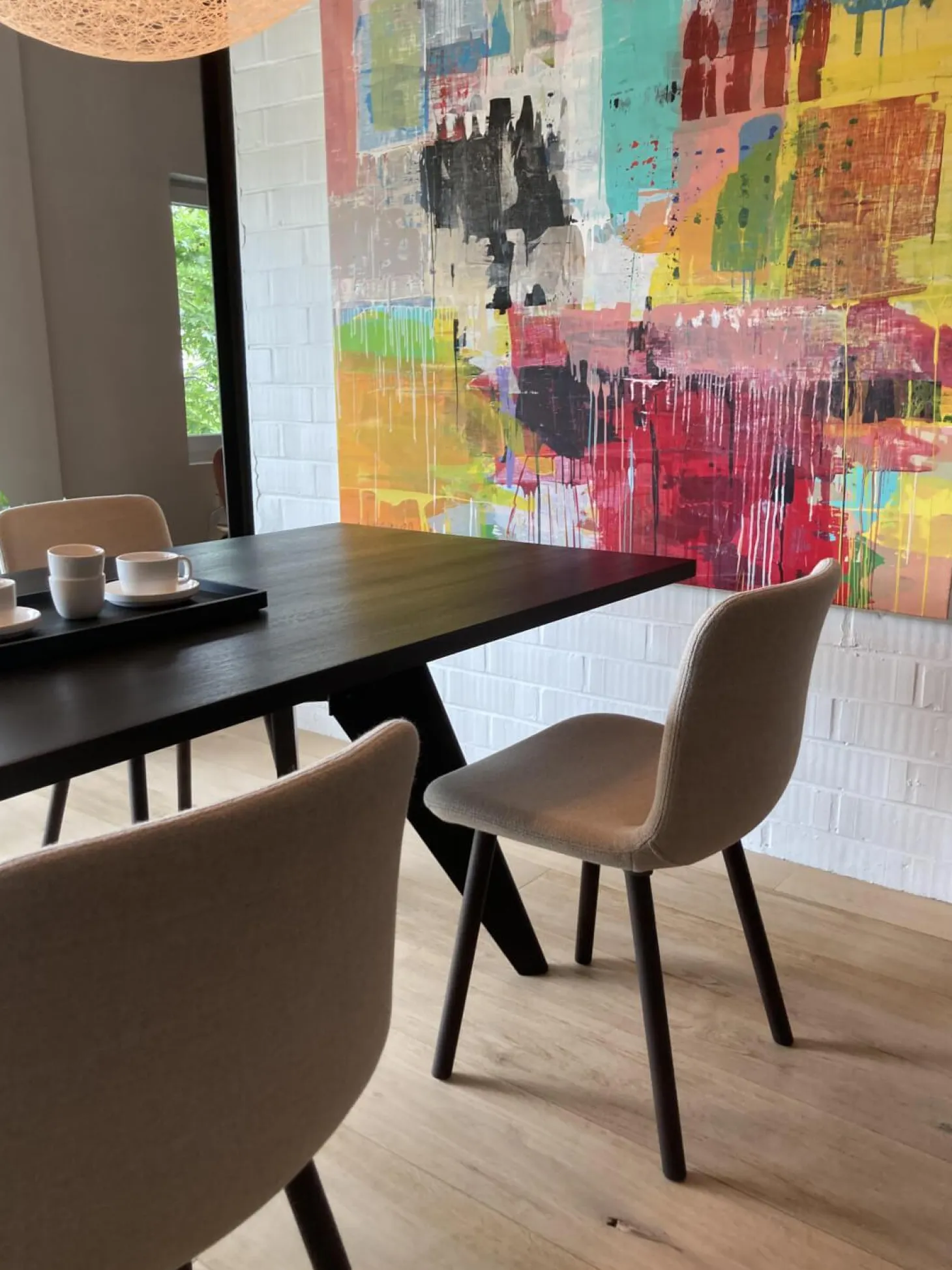 Esstischgruppe Mit Tisch S.A.M. Bois Tischplatte Eiche Massivholz Dunkel Gebeitzt Und 6 Stühlen HAL Soft Wood Stoff Dumet Farbe Beige Melange Gestell Eiche Massivholz Dunkel Gebeitzt