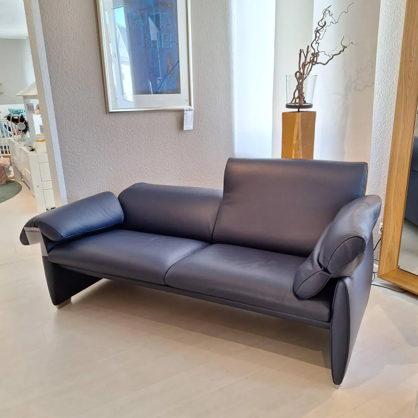 Funktionssofa DS 10/23 Bezug Leder Living Dunkelblau Fuß Silberfarbig