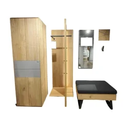 Garderobe 6004 Kerneiche Massiv Natur Gebürstet Braun Riffholzapplikationen Absatz Naturgraues Mattglas Sitzbank Stoff 30/97