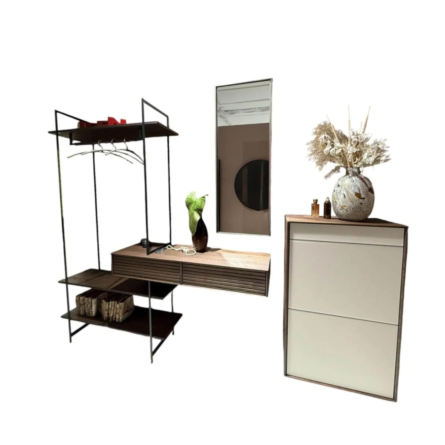 Garderobe Lina Asteiche Gebürstet Tabak Geölt Gestell Metall Schwarz Mit Sichtböden