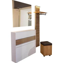 Garderobe Yonna Lack Weiß Holzlamellen Natur Gebürstet Stoff 97 Anthrazit Mit Beleuchtung