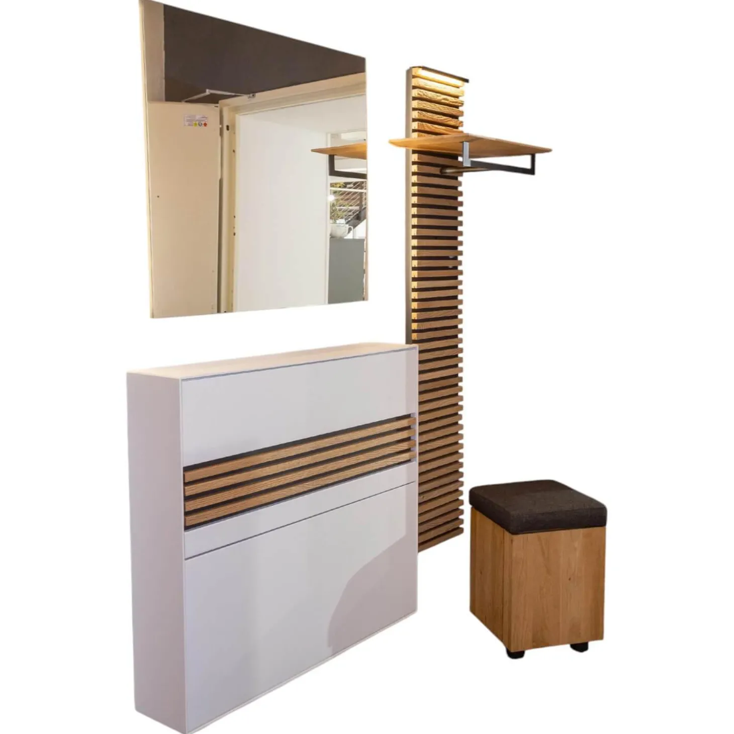 Garderobe Yonna Lack Weiß Holzlamellen Natur Gebürstet Stoff 97 Anthrazit Mit Beleuchtung