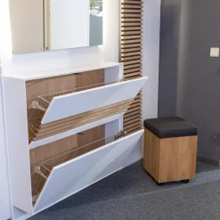 Garderobe Yonna Lack Weiß Holzlamellen Natur Gebürstet Stoff 97 Anthrazit Mit Beleuchtung