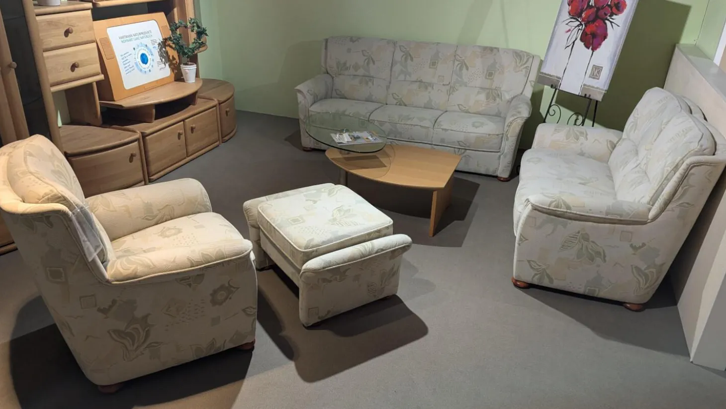 Garnitur 6150 Stoff Samanta 08 Quarz Grau Holzfuß Buche Gebeizt 3-2-1