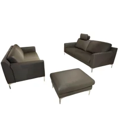 Garnitur Casablanca Leder W2 Anthrazit Füße Chrom 2 Sofas 1 Hocker